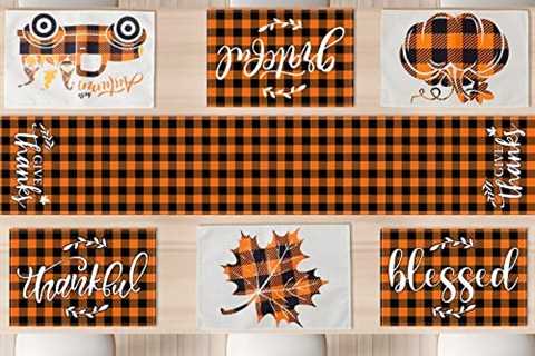 7Pack Thanks Giving Table Runner Placemats, Fall Table Runner, Orange Black Buffalo Plaid..