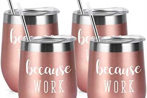 Qtencas Boss Day Gifts for Women, 4 Pack Because Work Stainless Steel Wine Tumbler, Boss Gifts..