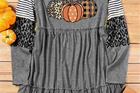 Thanksgiving It’s Fall Y’all Leopard Plaid Pumpkin Ruffled Mini Dress Casual Long Sleeve Funny..