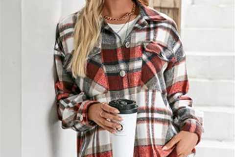 Women‘s Casual Long Sleeve Flannel Plaid Button Down Jacket Long Sleeve Shacket Cardigan Coat