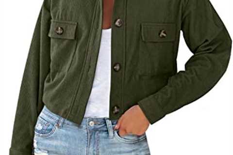 VAFFUL Women’s Long Sleeve Cropped Corduroy Shirts Lapel Button Down Shacket Jacket Coats