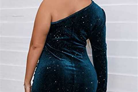 Cozyease Women’s Plus Size Velvet Party Dress One Shoulder Long Sleeve Ruched Wrap Bodycon Dress