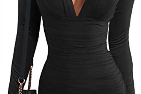 GOBLES Women’s Sexy Long Sleeve V Neck Ruched Bodycon Mini Party Cocktail Dress