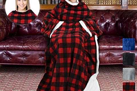 Tirrinia Red Buffalo Plaid Sherpa Hood Wearable Blanket for Adult Women and Men, Super Soft Comfy..