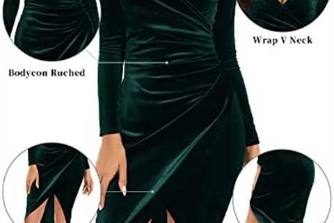 HUHOT Womens Wrap V Neck Long Sleeve Split Wrap Velvet Elegant Bodycon Ruched Cocktail Party Midi..