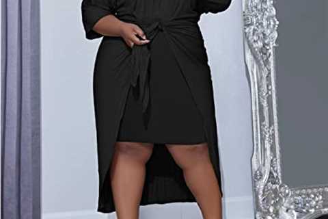 Women’s Elegant Plus Size 3/4 Sleeve V Neck Bodycon High Low Midi Formal Cocktail Dress