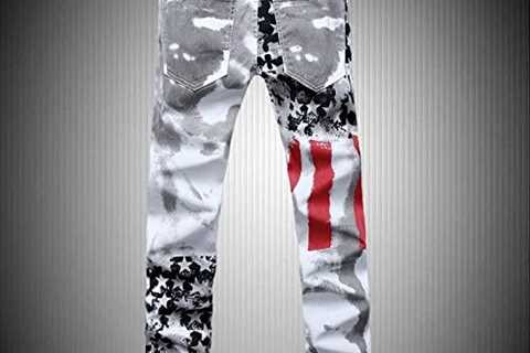 Longe Mens American USA Flag Printed Washed Jeans White Fit Trousers Pants