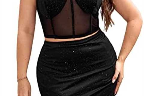 OYOANGLE Women’s Plus Size 2 Piece Outfits Y2K Bustiers Cami Crop Top Ruched Bodycon Mini Club Skirt