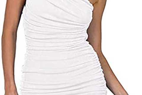 SEBOWEL Women Sexy Short Mini Dress One Shoulder Sleeveless Ruched Stretchy Bodycon Club Cocktail..